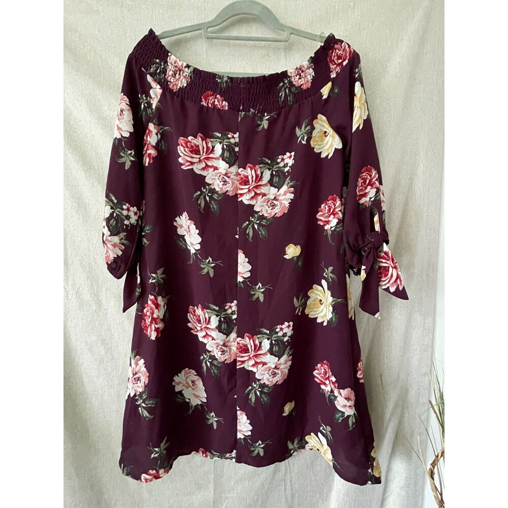 Miami Plum Floral Off The Shoulder Tie Sleeve Shift Mini Dress Extra Small XS